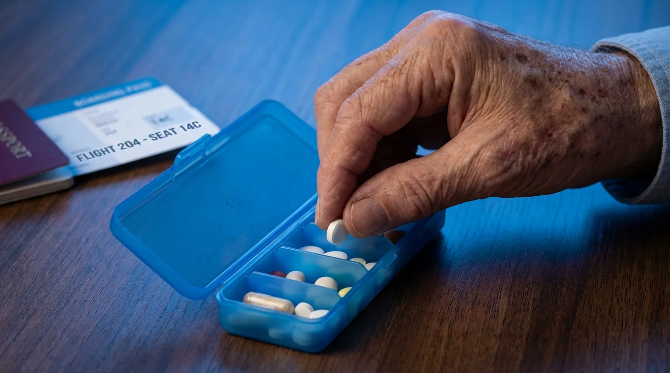 Close-up of a hand carefully organizing medication into a travel pill case at dusk.