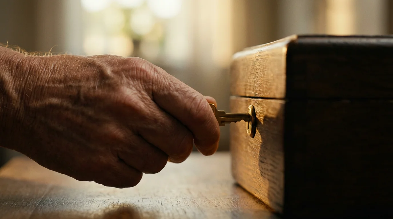 Close-up of a hand locking a small security box with a brass key.