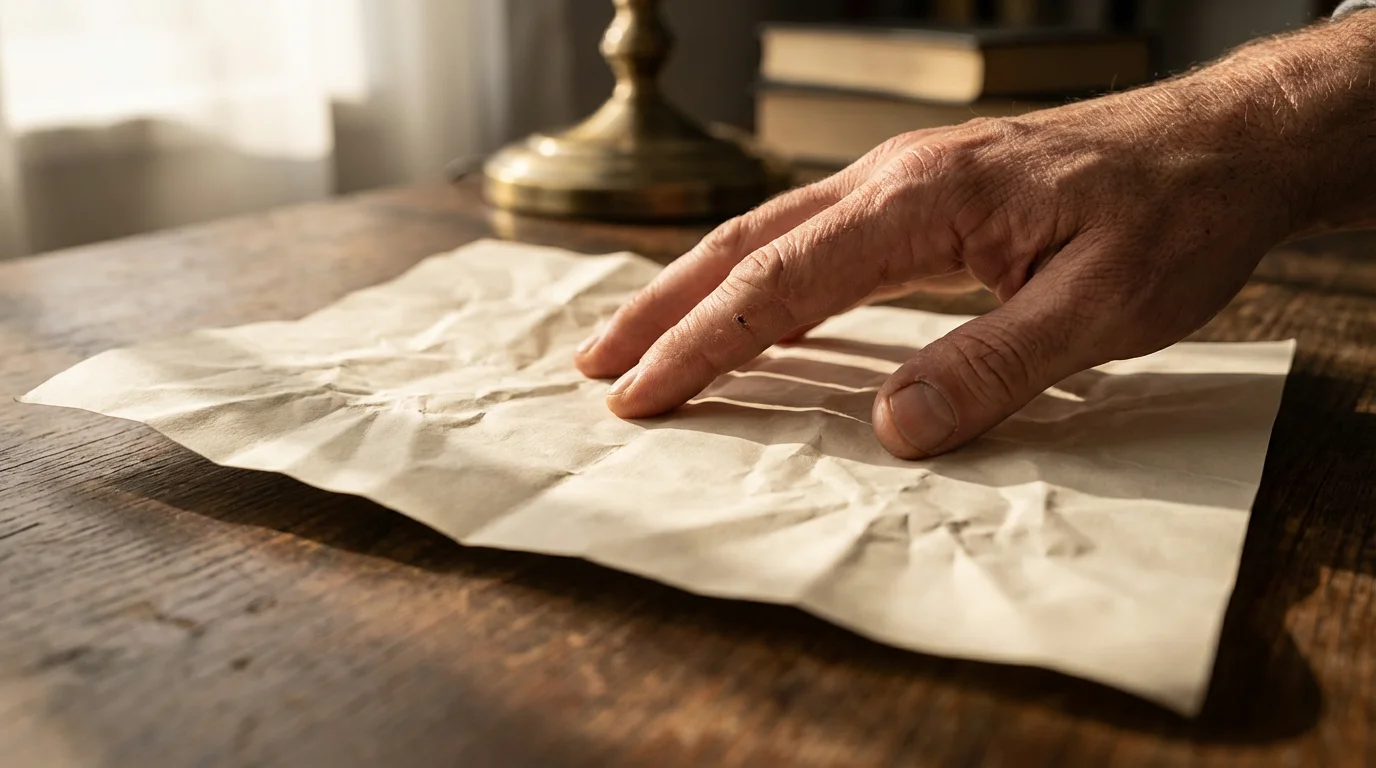 Close-up of a hand smoothing out a crumpled piece of blank paper.