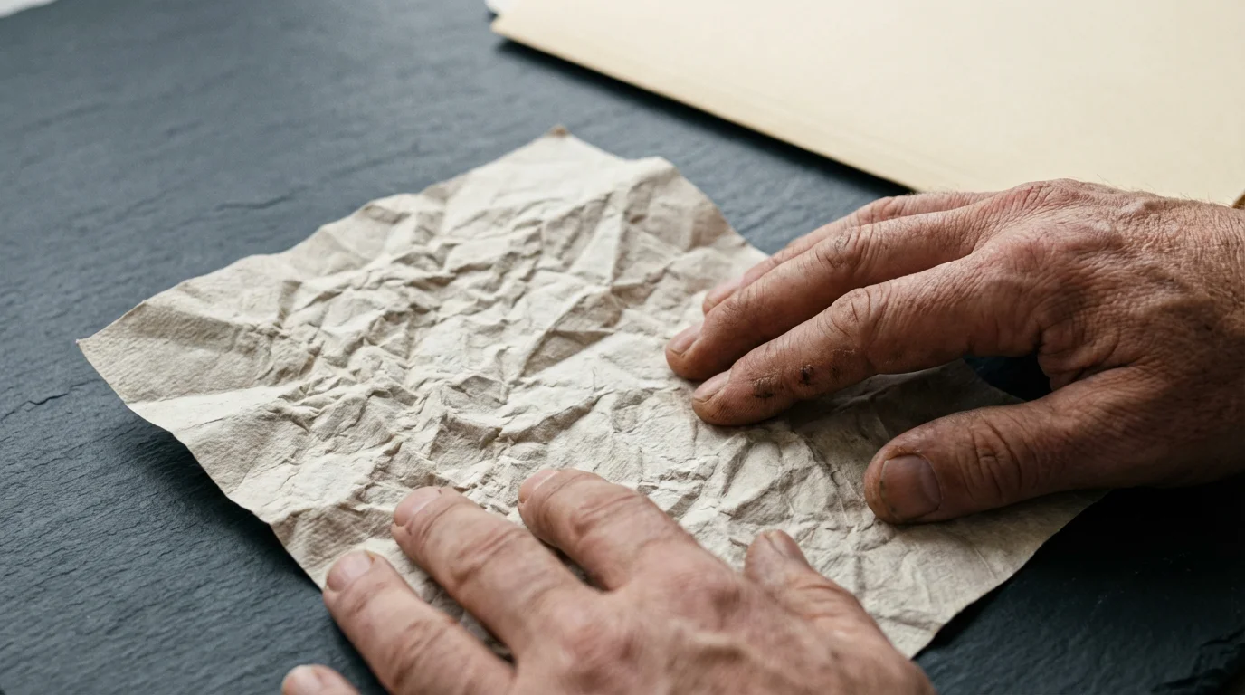 Close-up of a pair of hands carefully smoothing out a crumpled piece of paper.