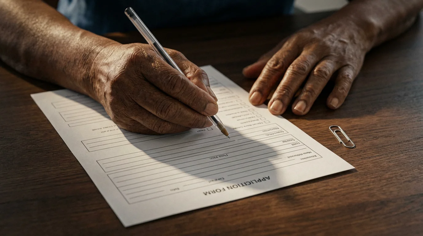 Close-up of a senior person's hands with a pen and a blank application form.