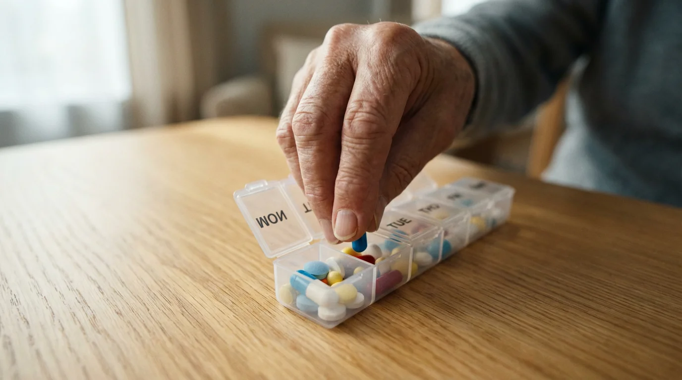 Close-up of a senior sorting colorful, unmarked pills into a daily pill organizer.