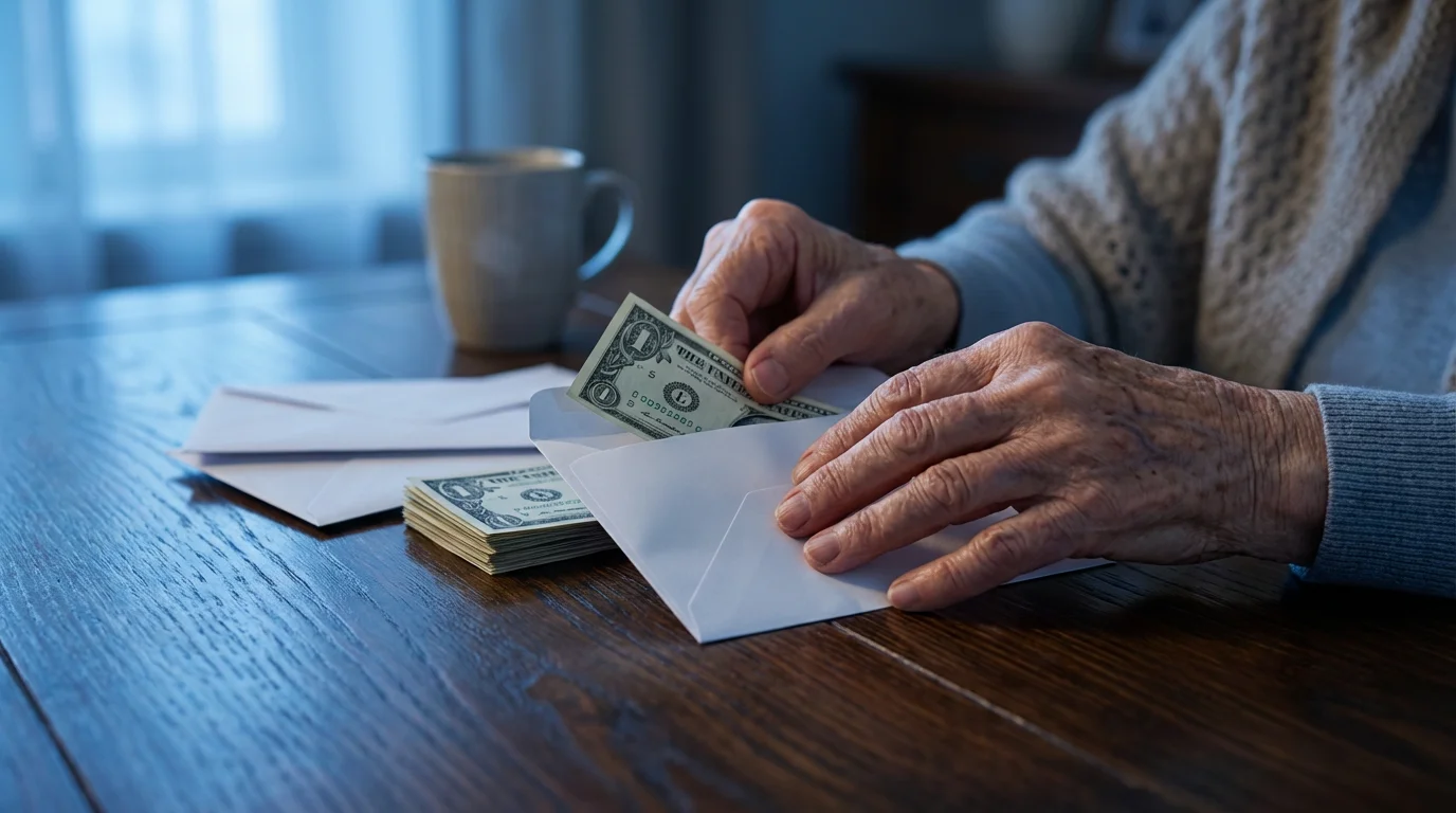 Close-up of a senior woman's hands placing cash into a paper budgeting envelope.