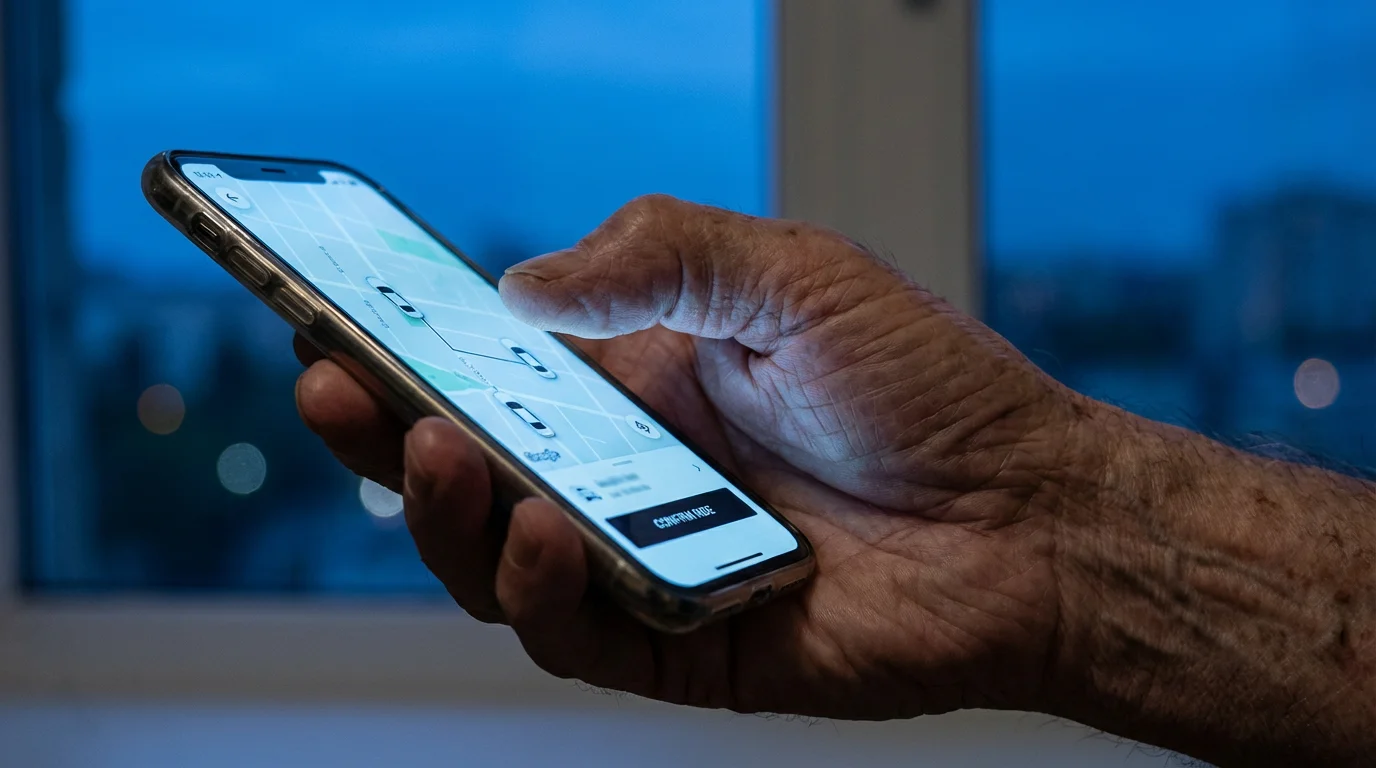 Close-up of a senior's hand holding a smartphone, using a ride-sharing app.