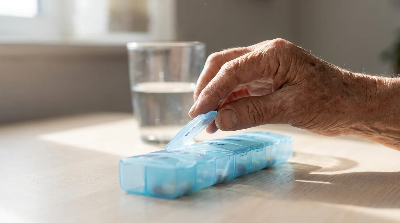 Close-up of a senior's hand opening a weekly pill organizer on a table.