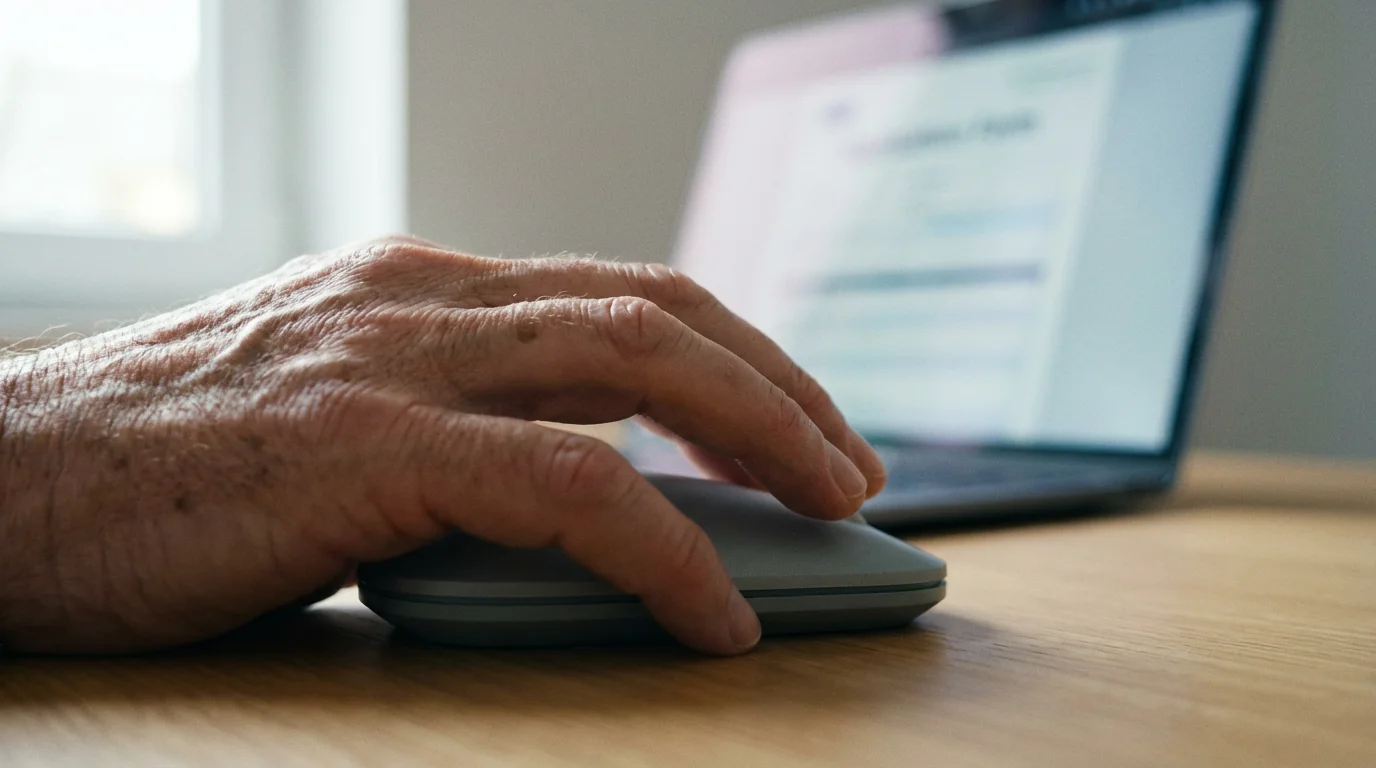 Close-up of a senior's hand poised over a computer mouse, about to click.