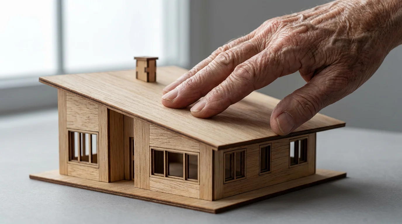 Close-up of a senior's hand resting on a small architectural model of a house.