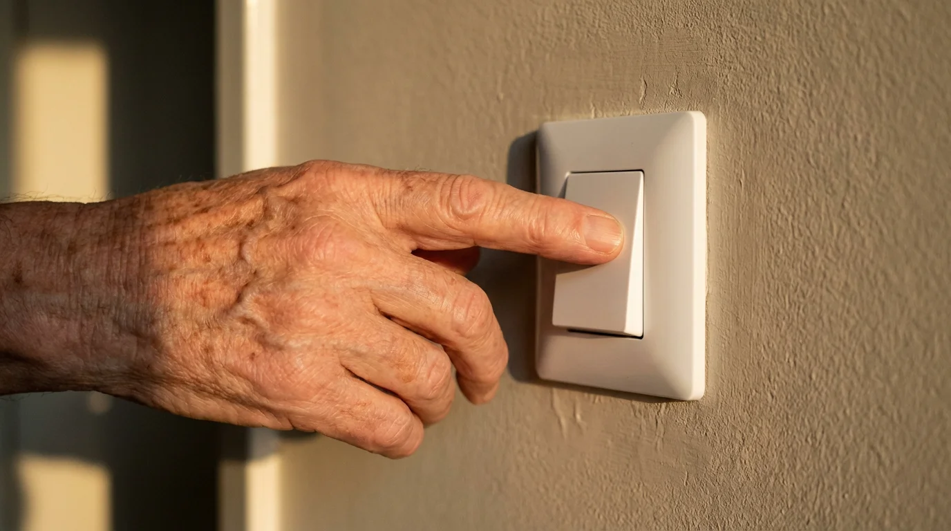 Close-up of a senior's hand turning off a light switch during golden hour.