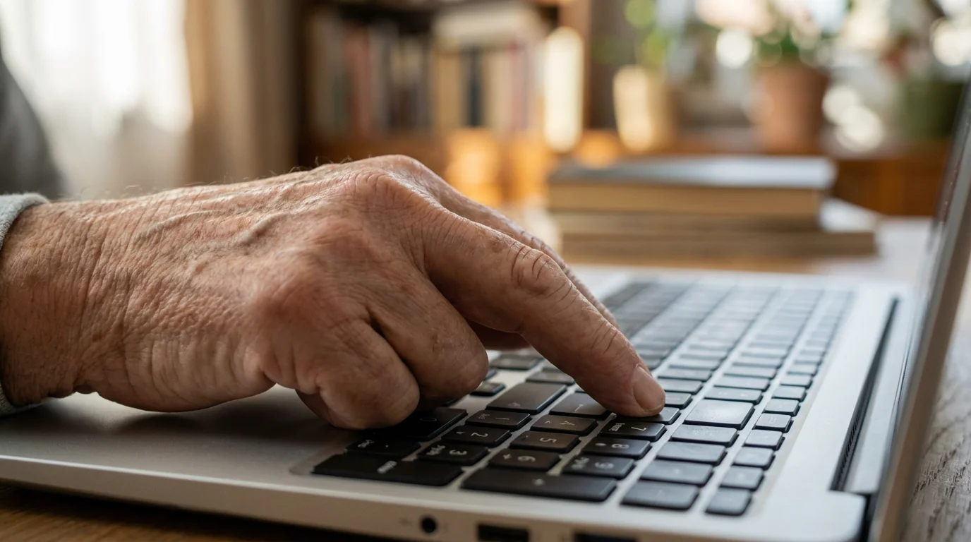 Close-up of a senior's hand typing on a laptop keyboard's number pad.