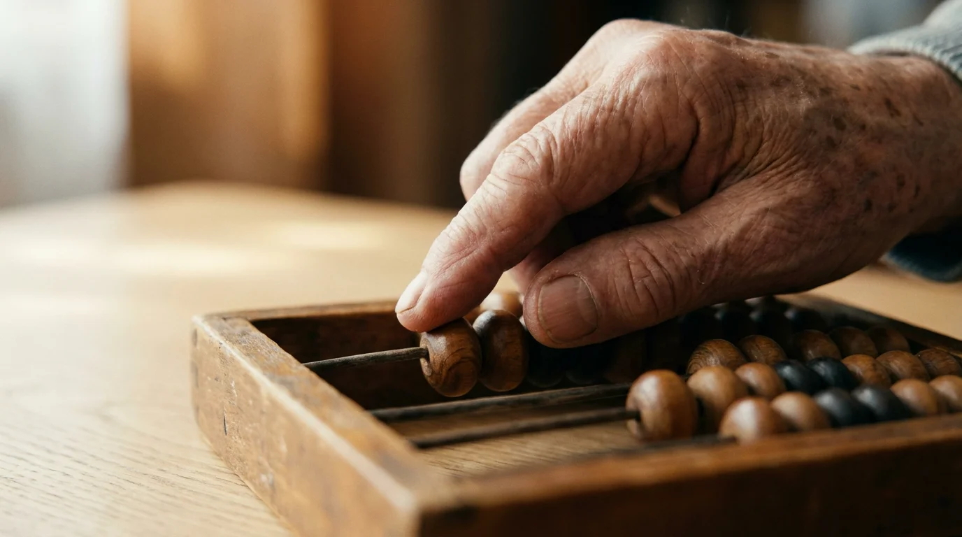 Close-up of a senior's hand using a classic wooden abacus for financial calculation.