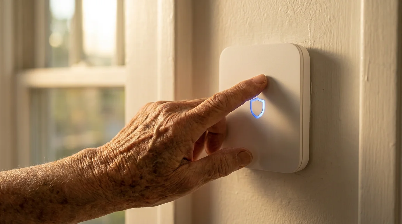 Close-up of a senior's hand using a modern home security system keypad indoors.