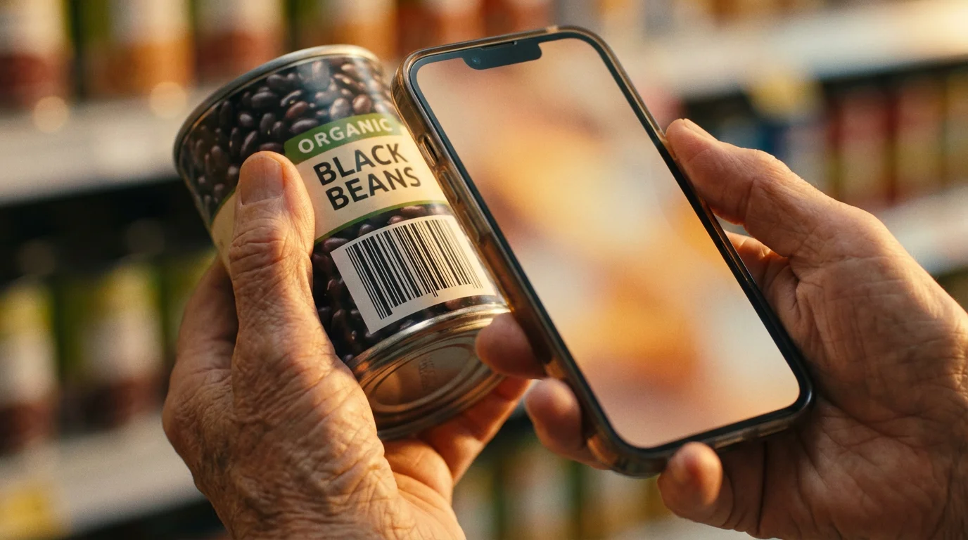 Close-up of a senior's hand using a smartphone to scan a grocery item's barcode.