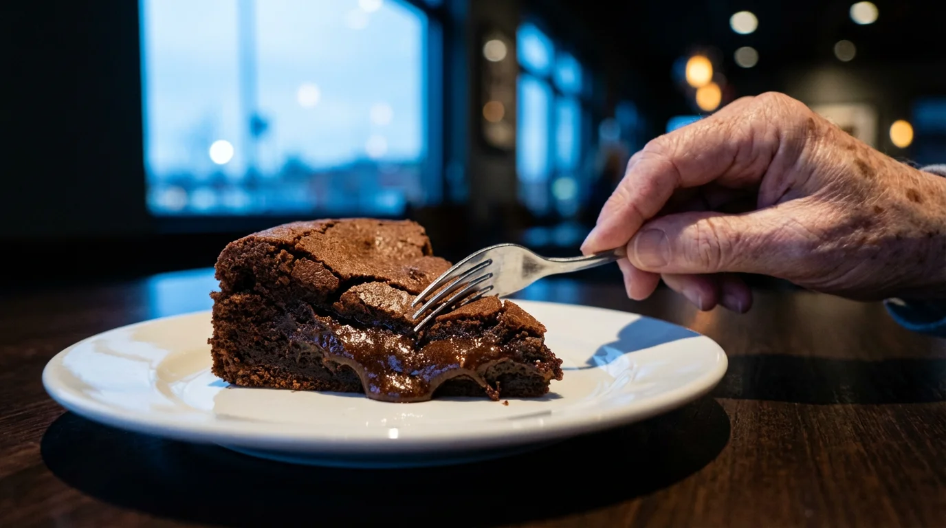 Close-up of a senior's hand with a fork, about to eat chocolate cake.