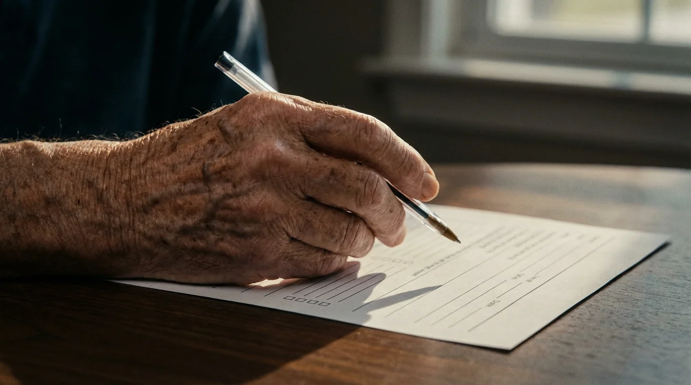 Close-up of a senior's hand with a pen, ready to fill out a legal form.