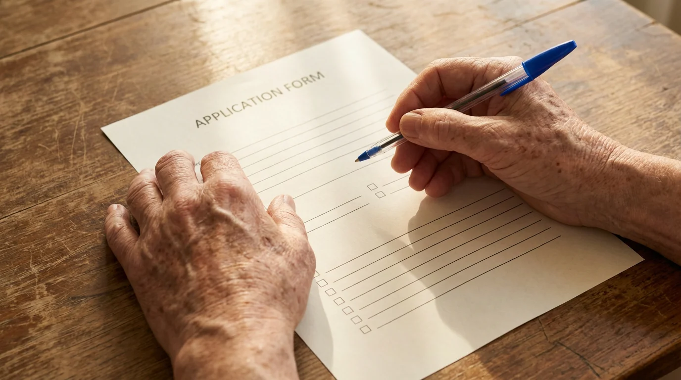 Close-up of a senior's hands holding a pen over a generic application form.