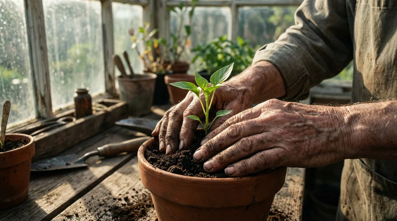 Close-up of a senior's hands potting a small green plant in a greenhouse.