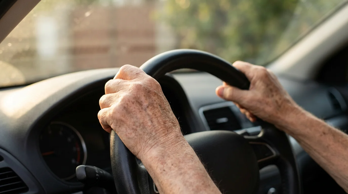 Close-up of a senior's hands resting on the steering wheel of a car.