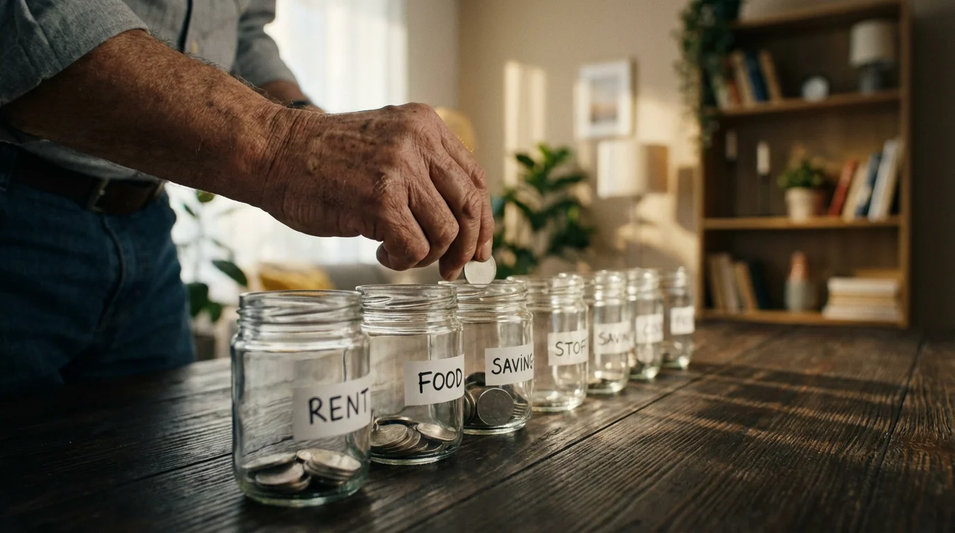 Close-up of a senior's hands sorting tokens into glass jars for retirement budget planning.