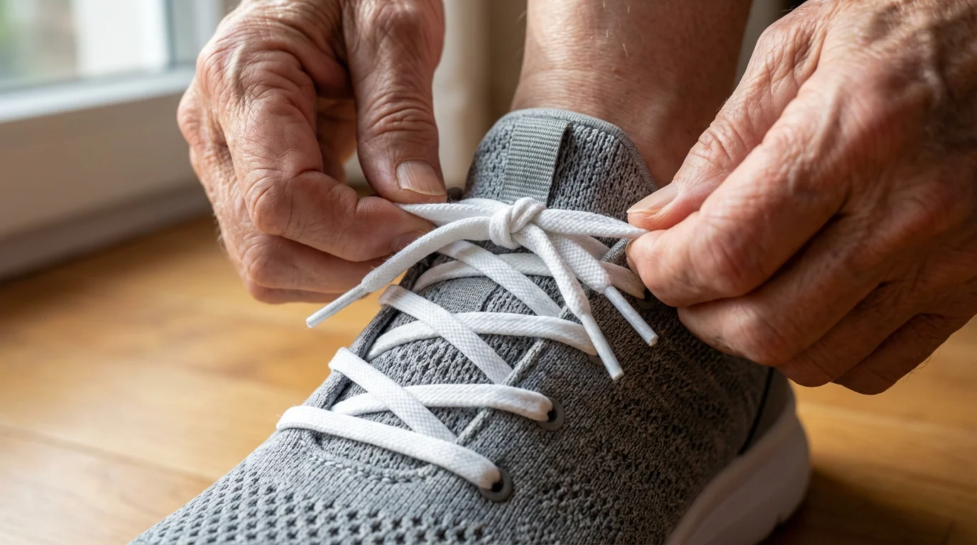 Close-up of a senior's hands tying the laces of a comfortable walking shoe.