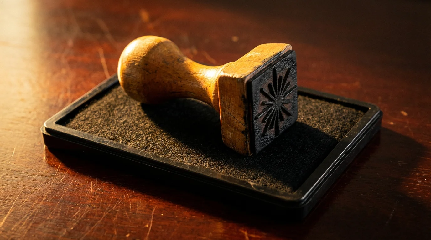 Close-up of a wooden stamp with a geometric pattern resting on an ink pad.
