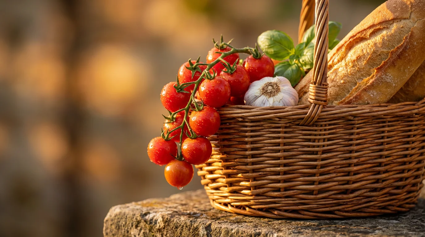 Close-up of a woven basket with fresh tomatoes, bread, and basil at sunset.