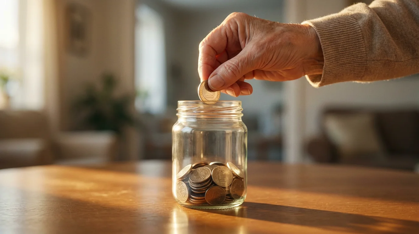 Close-up of an elderly hand dropping a coin into a glass savings jar.