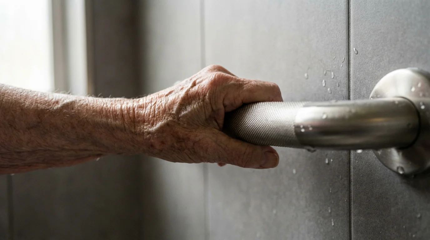 Close-up of an elderly hand gripping a modern, textured bathroom safety grab bar.
