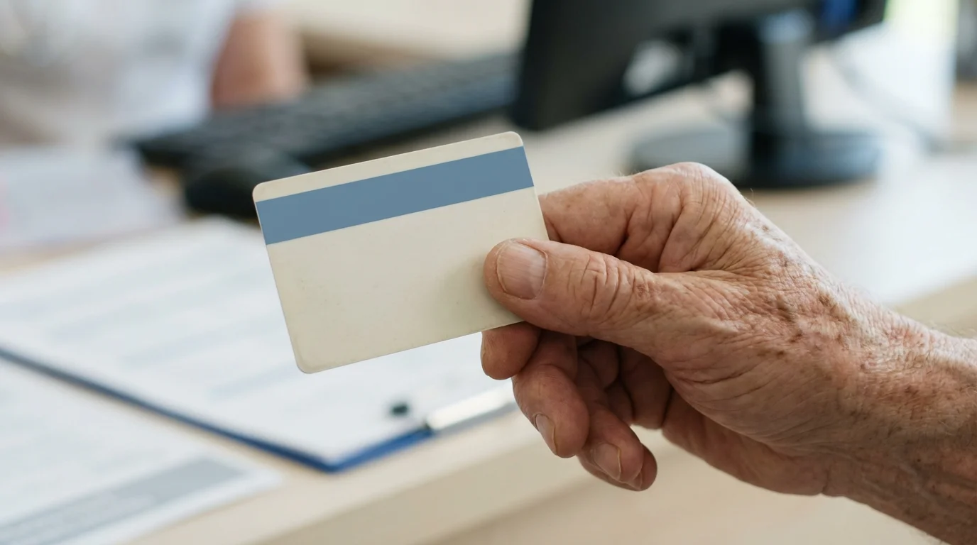 Close-up of an elderly hand holding a generic medical insurance card at a clinic.