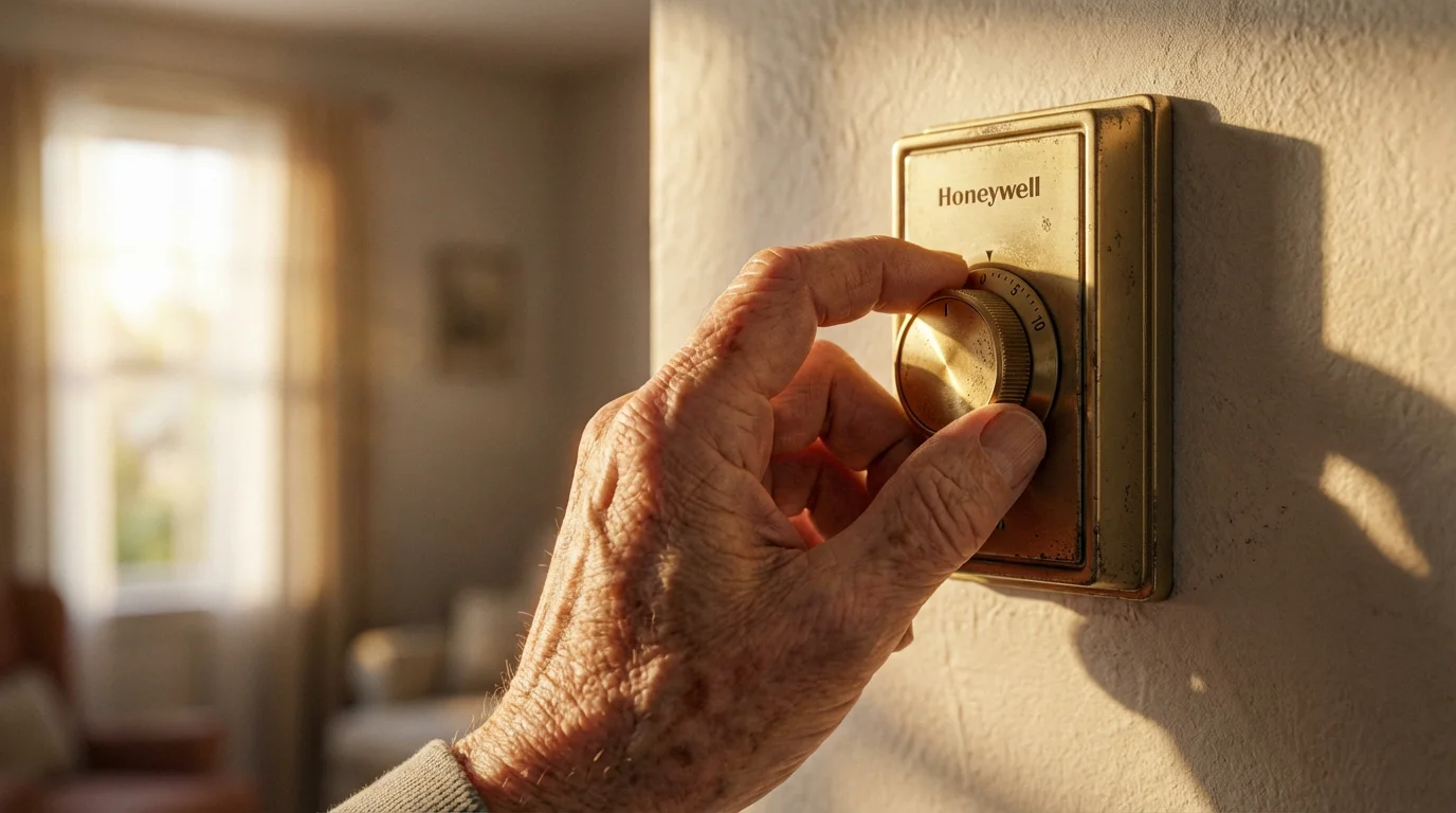 Close-up of an elderly person's hand adjusting a home thermostat during golden hour.