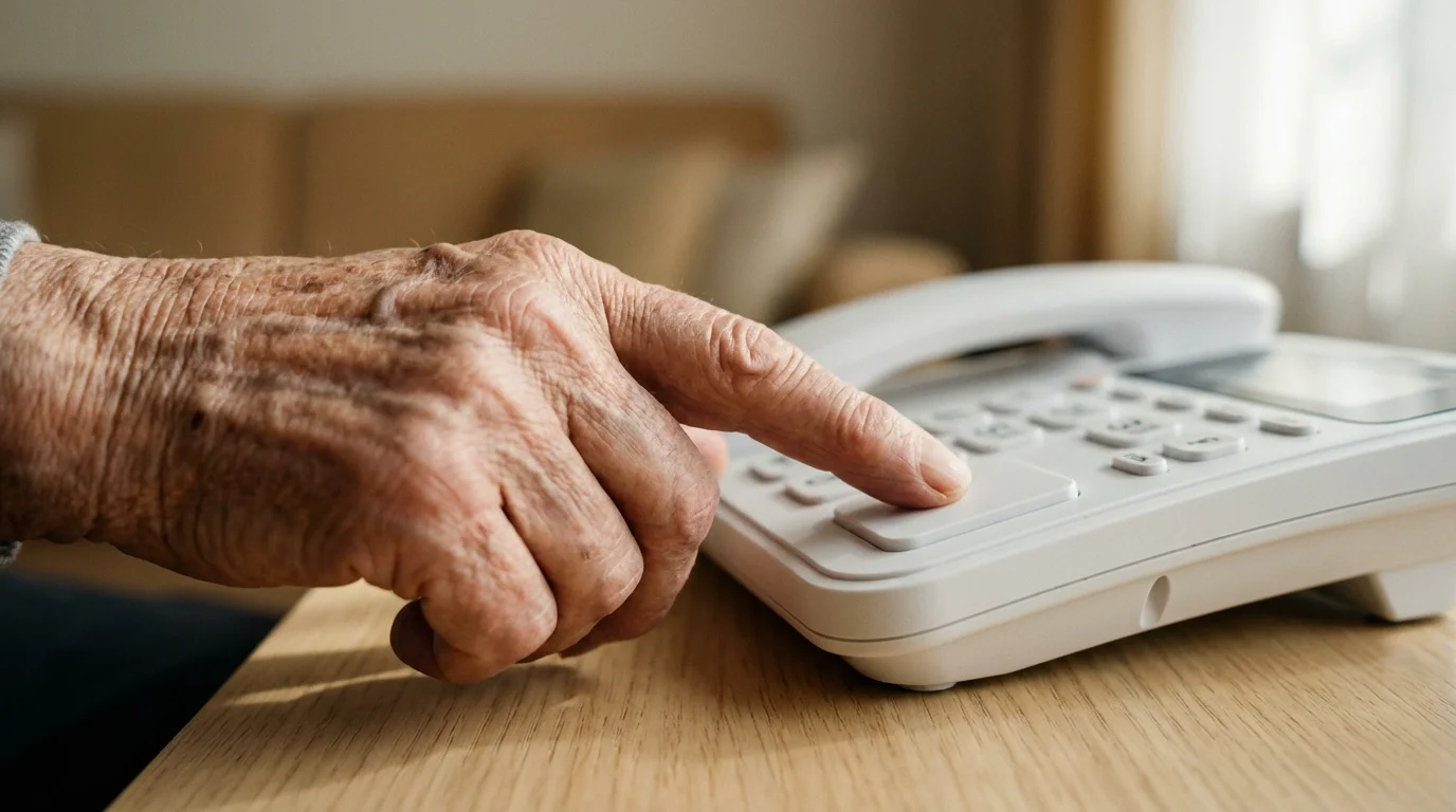 Close-up of an elderly person's hand dialing a large-button phone to arrange transportation.