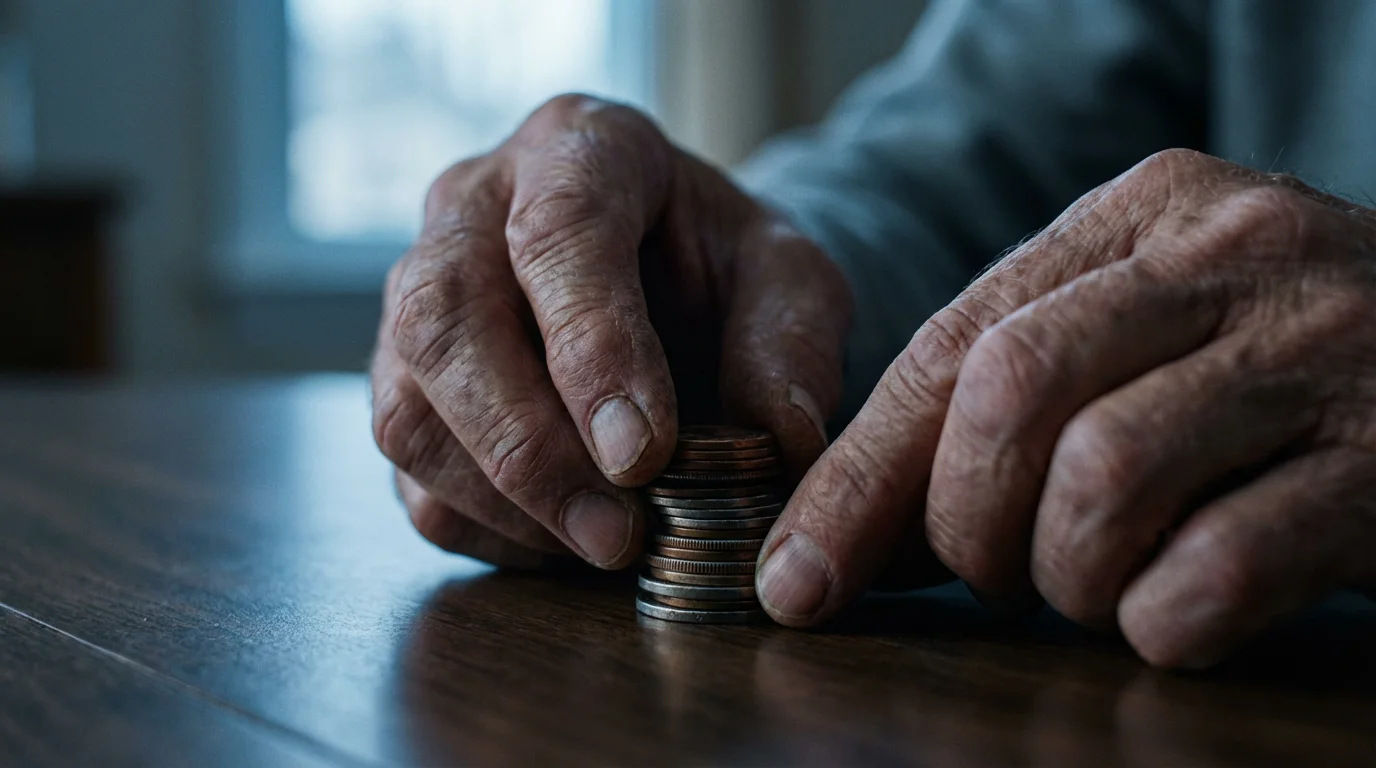 Close-up of an elderly person's hands carefully stacking a small pile of coins.