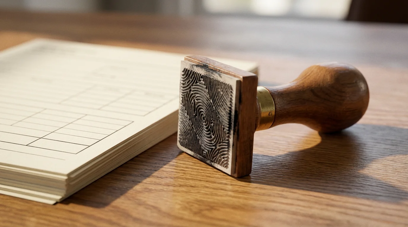 Close-up of an official-looking rubber stamp and forms on a desk by a window.