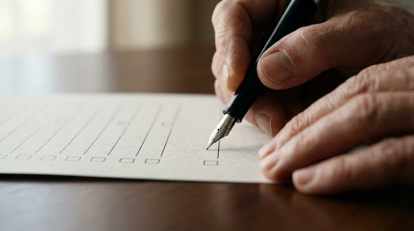 Close-up of an older person's hands holding a pen over a blank form.