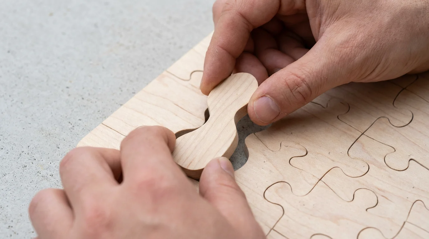 Close-up of hands placing a final wooden puzzle piece into a complex puzzle.