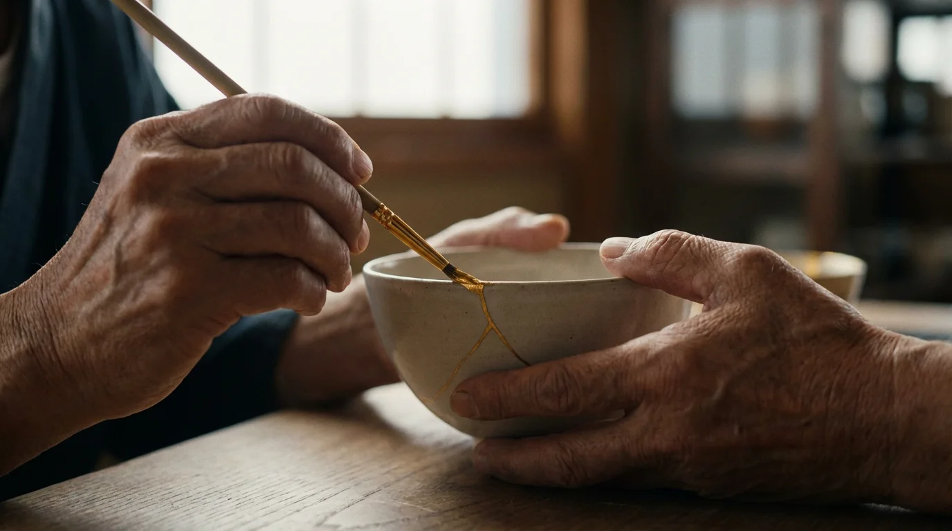 Close-up of hands repairing a cracked ceramic bowl with gold, the art of Kintsugi.