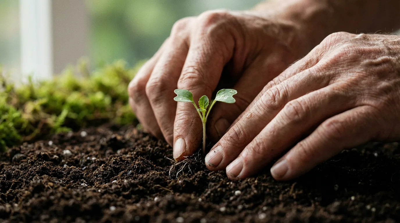 Close-up of mature hands gently planting a small green sprout in dark soil.