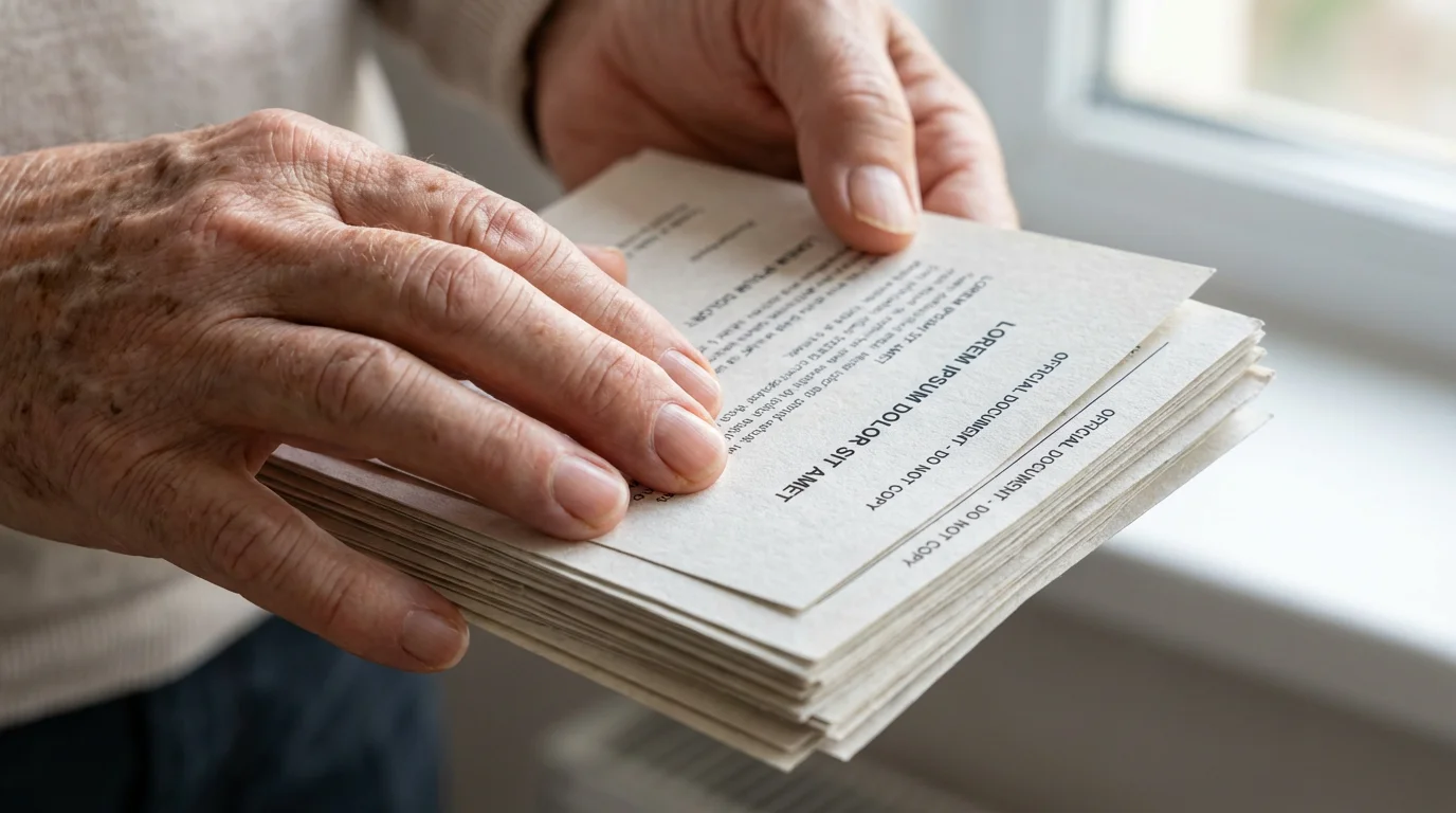 Close-up of mature hands organizing official documents on a desk by a window.