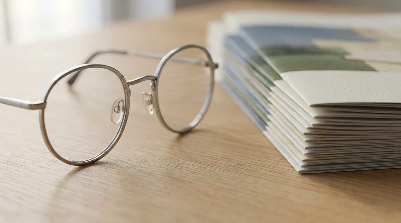 Close-up of reading glasses resting next to a stack of informational resource pamphlets.