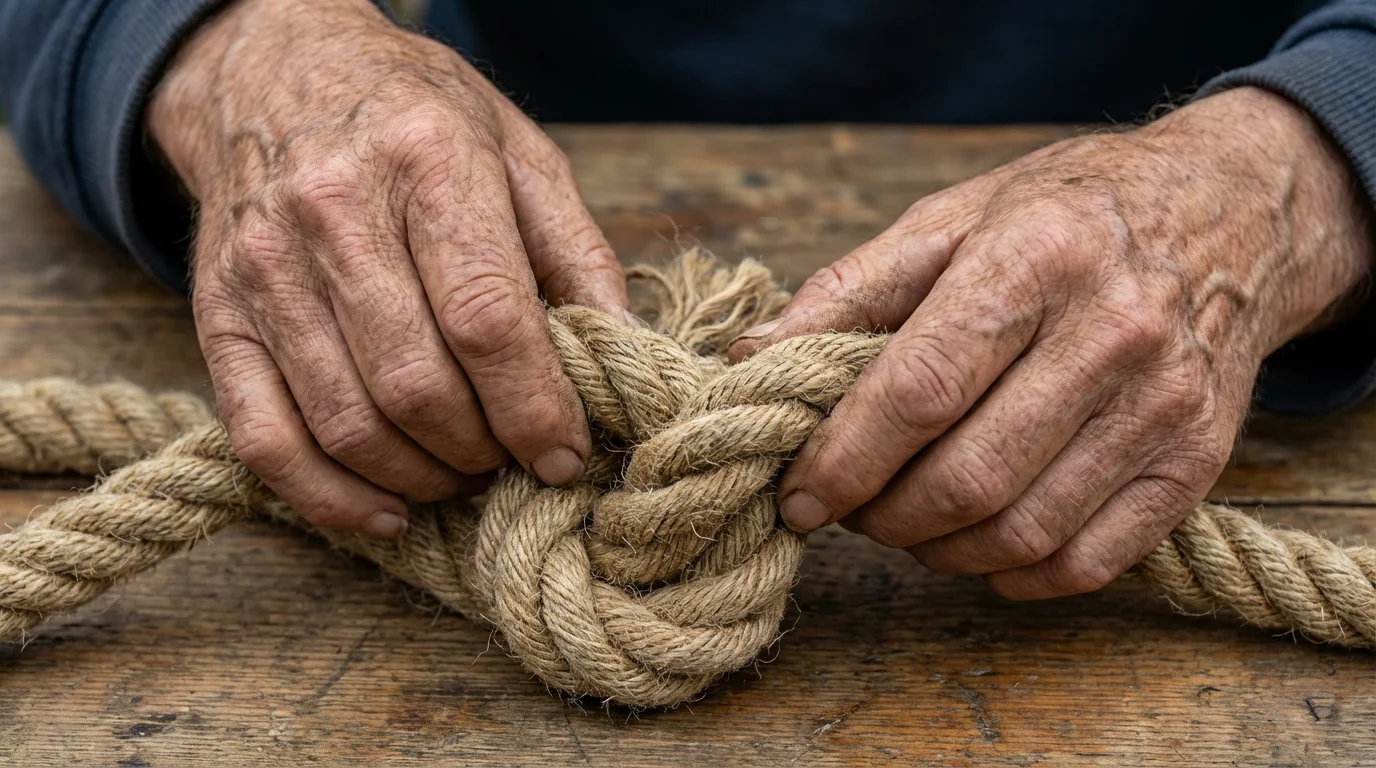 Close-up of senior hands patiently untangling a complex knot in a thick rope.
