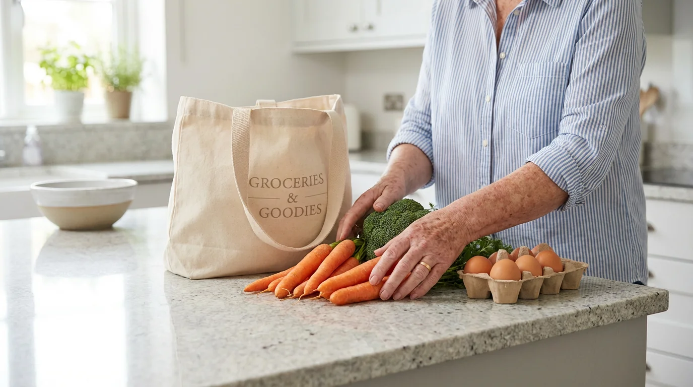 Close-up of senior hands unpacking essential groceries onto a modern kitchen counter.