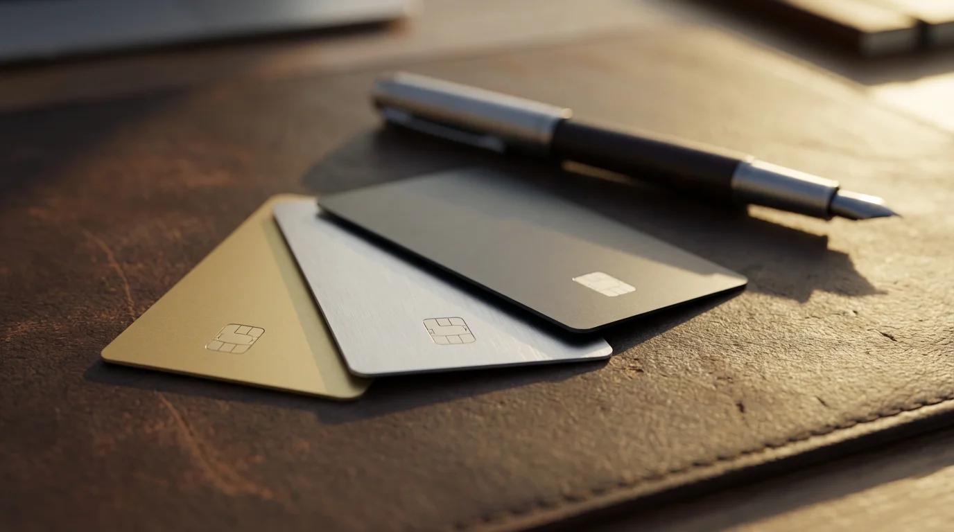 Close-up of three blank credit cards and a pen arranged on a leather desk.