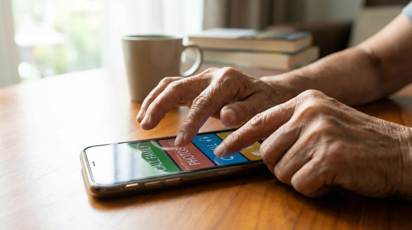 Close-up on an elderly woman's hands using the accessibility features on a smartphone.