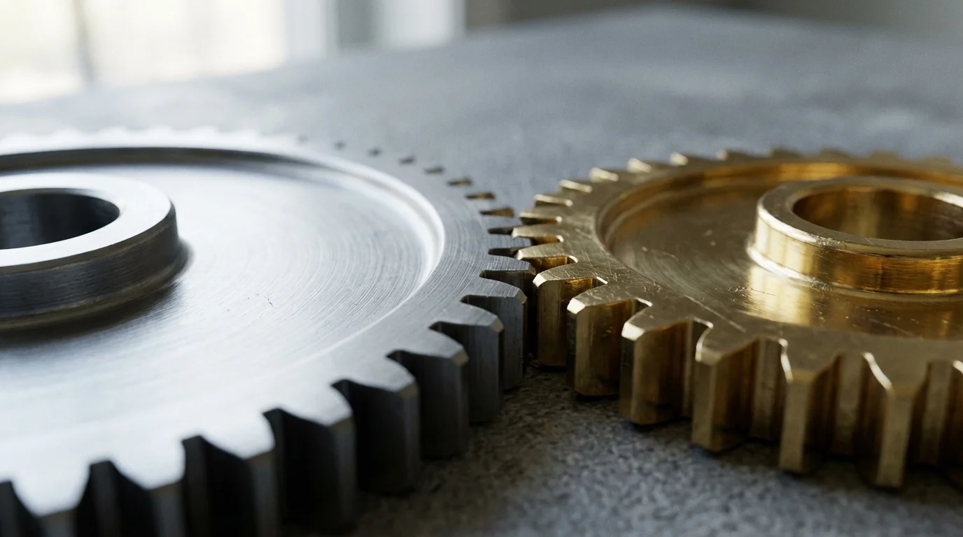 Close-up photo of two different interlocking metal gears, one steel and one brass.