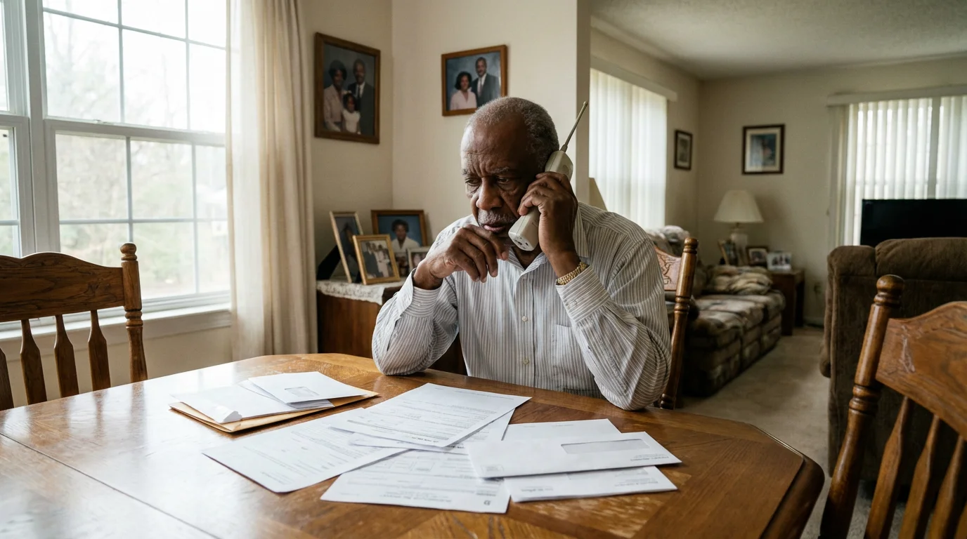 Concerned elderly man on the phone looking at papers on a sunlit dining table.