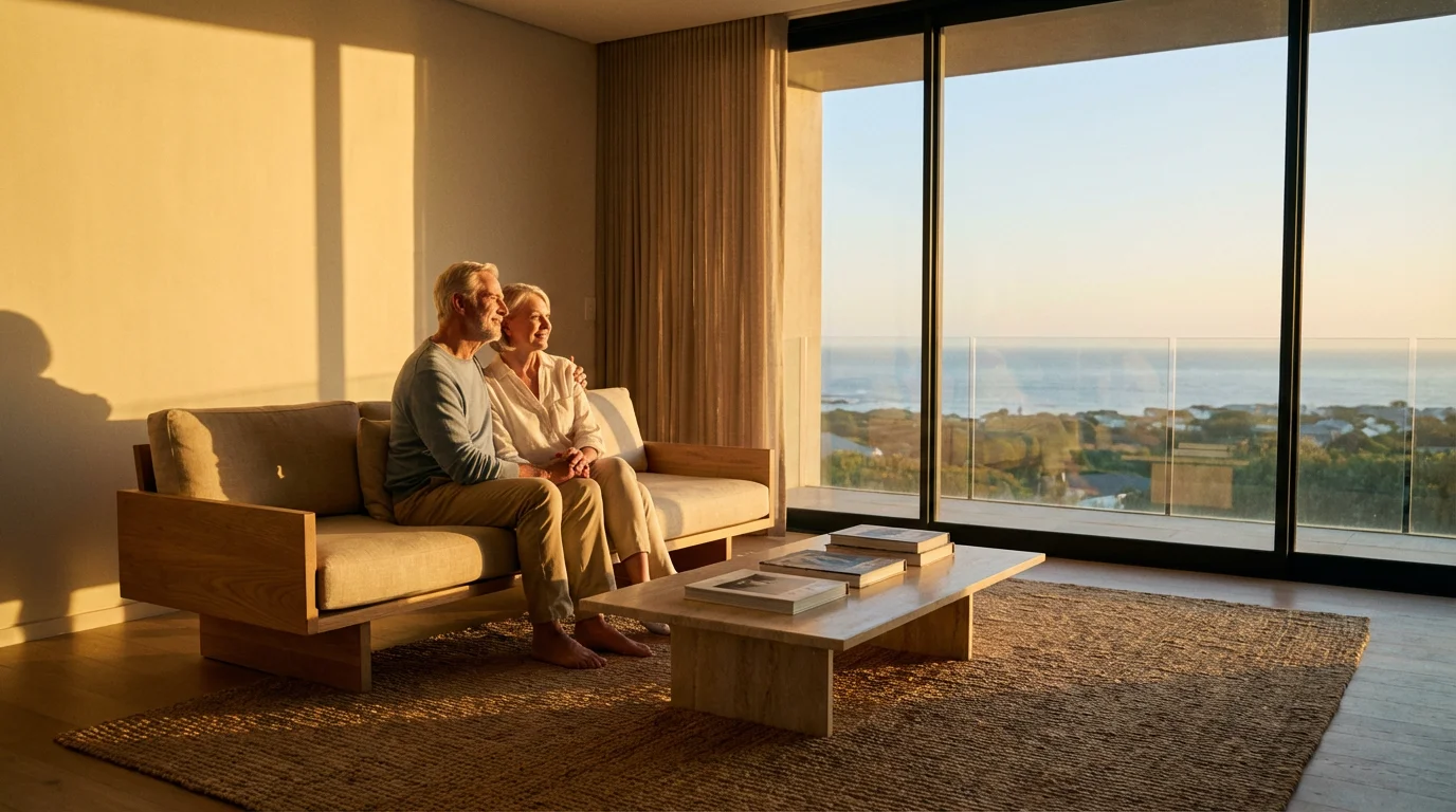 Content senior couple enjoys the sunset from their modern living room during golden hour.