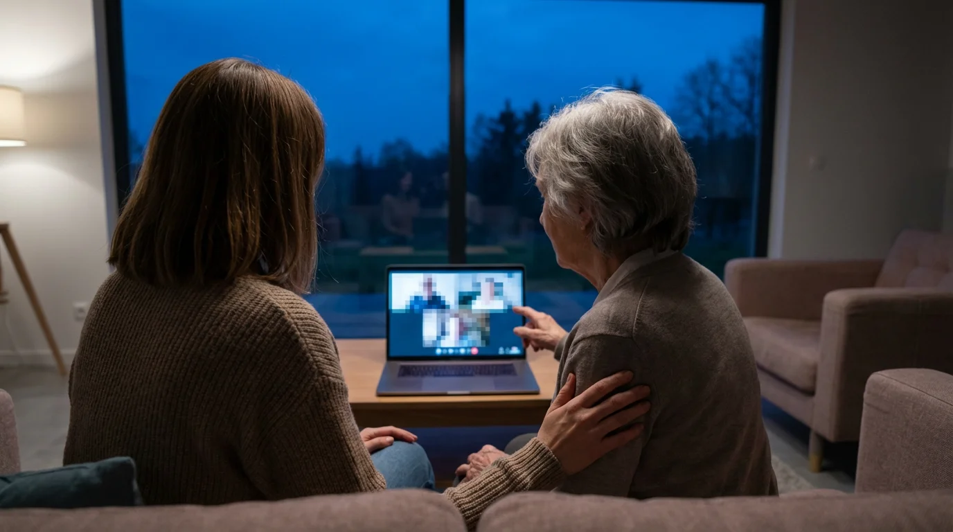 Daughter helps elderly mother with health insurance information on a laptop at dusk.