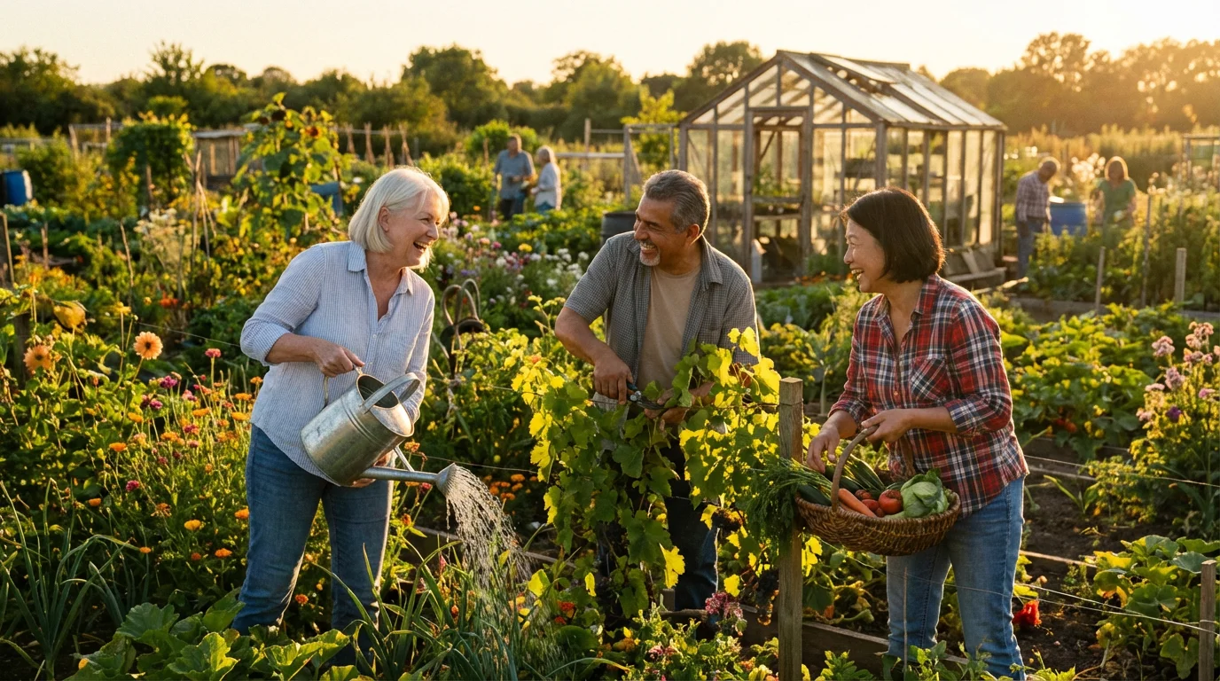 Diverse group of mature friends collaborating in a sunlit community garden during golden hour.