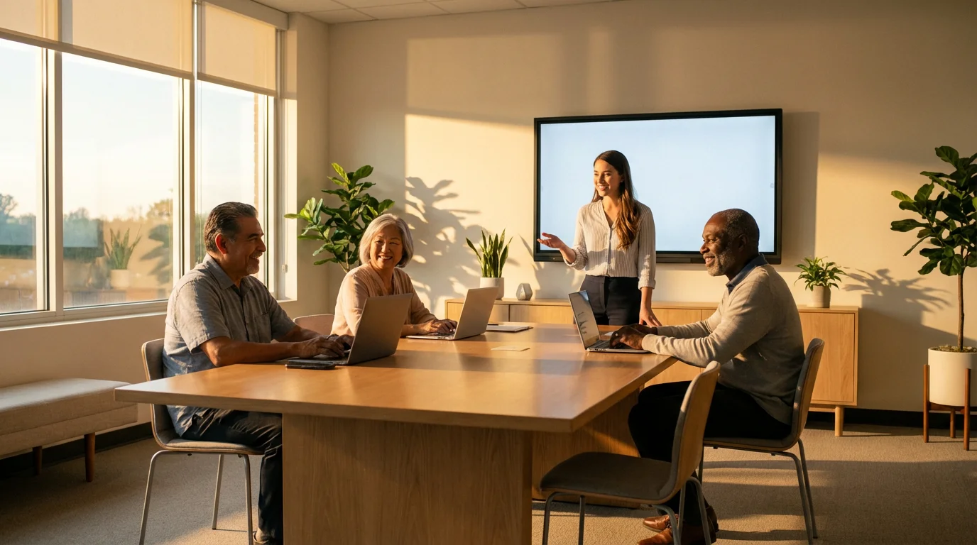 Diverse group of seniors attending a computer training workshop in a sunlit room.