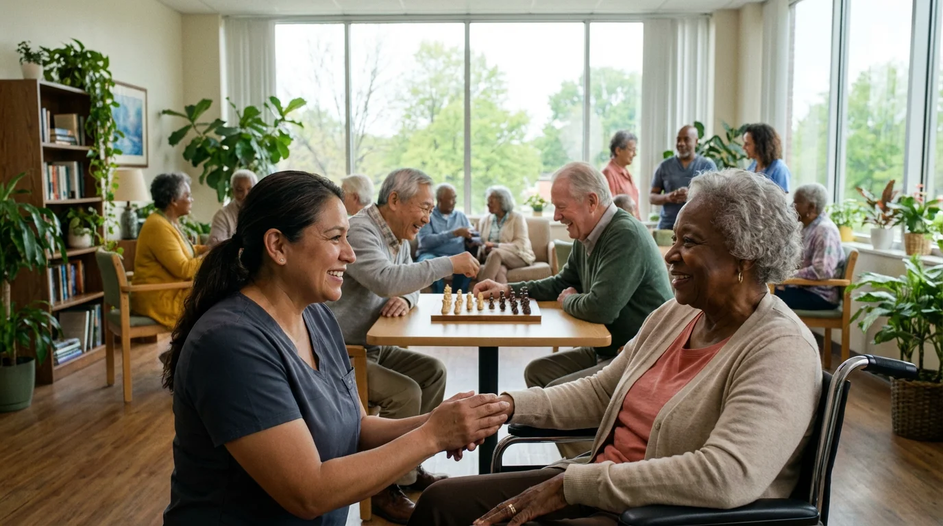 Diverse older adults and caregivers interacting together in a bright, modern community center hall.