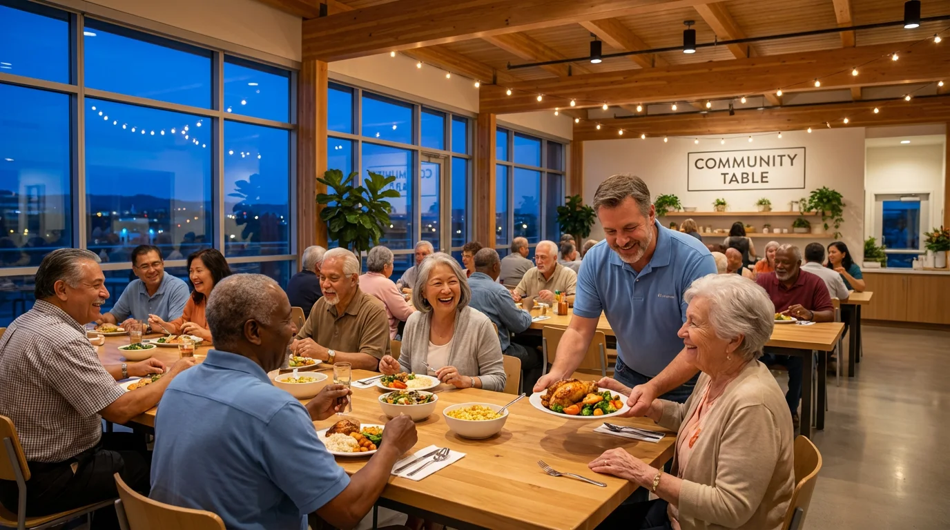Diverse seniors enjoy a community dinner in a well-lit hall during the evening.